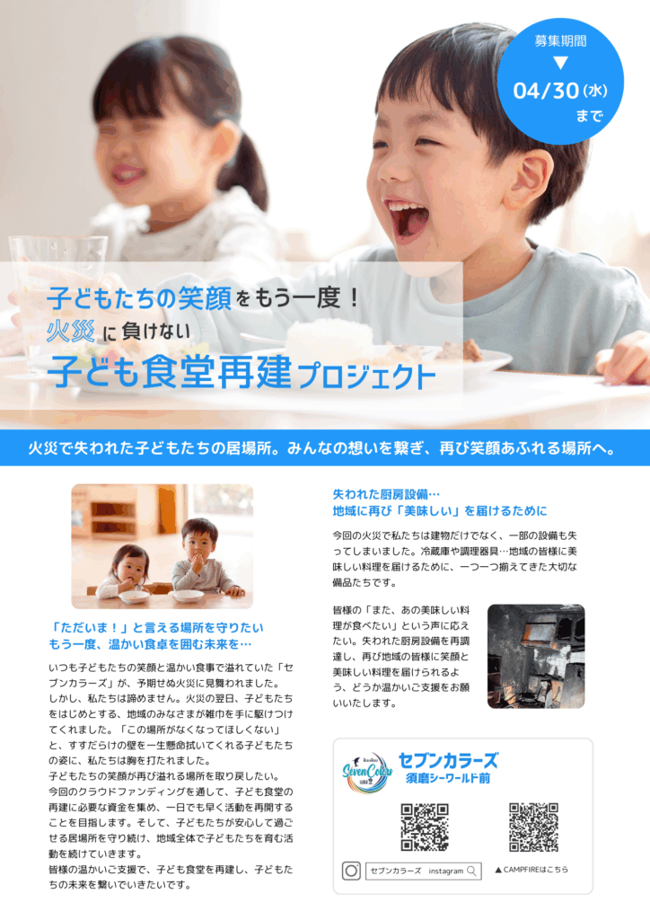 子どもたちが明るい笑顔で食事をしているブルーを基調にしたチラシでクラウドファンディングを応援します