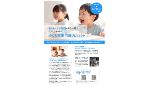 子どもたちが明るい笑顔で食事をしているブルーを基調にしたチラシでクラウドファンディングを応援します